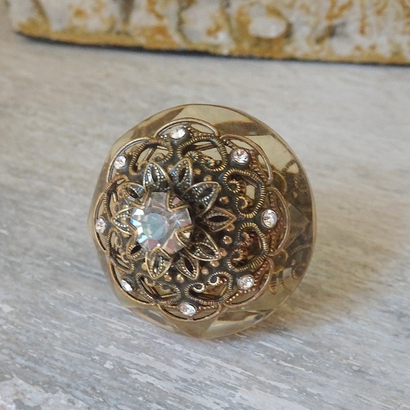 Artisan Jewelry - Unique OOAK Vintage Upcycled Parts Assemblage Art Faceted Resin Statement Ring